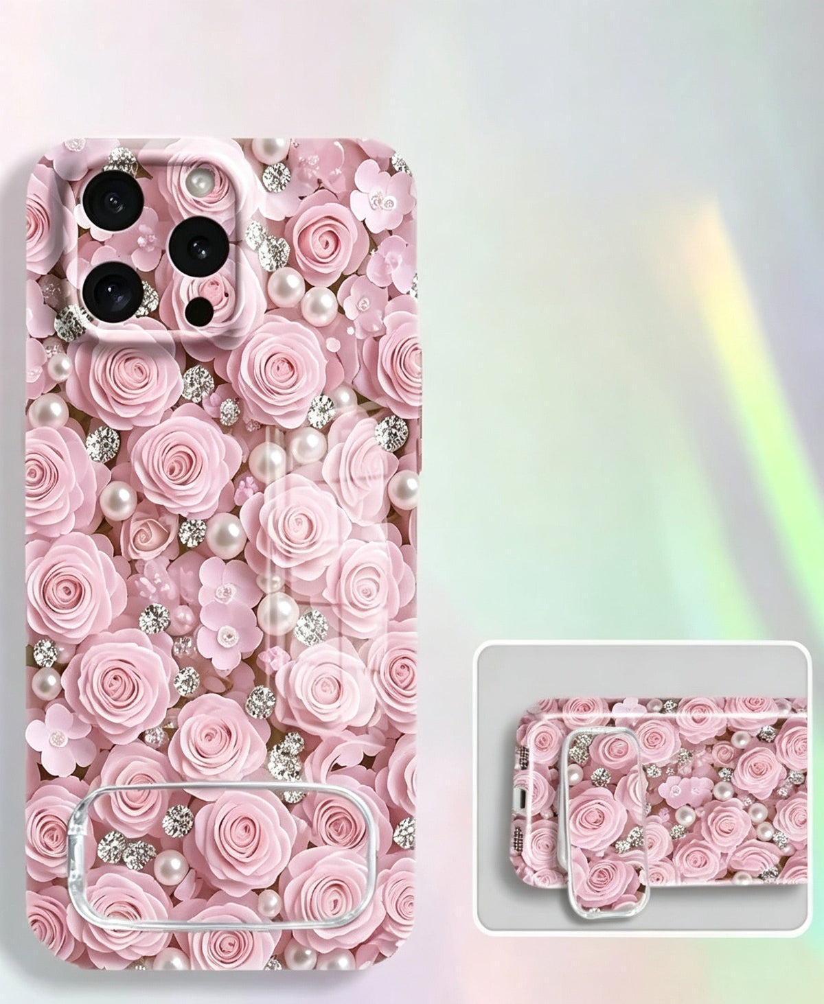 Phone case with a mirror stand, featuring an all-over design of pink rose-shaped beads.