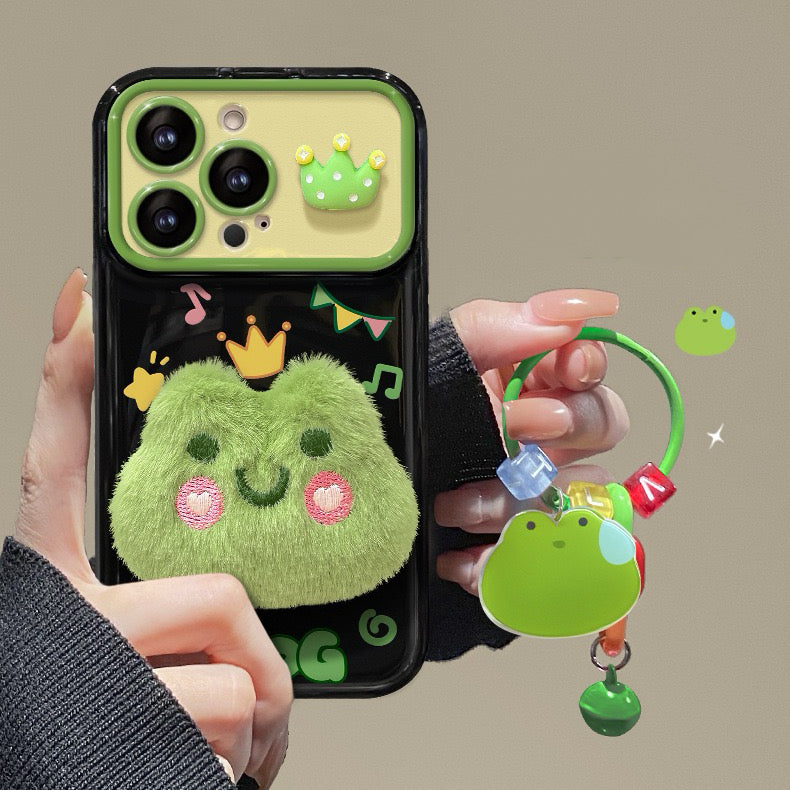 3D plush frog flip-cover phone case with mirror
