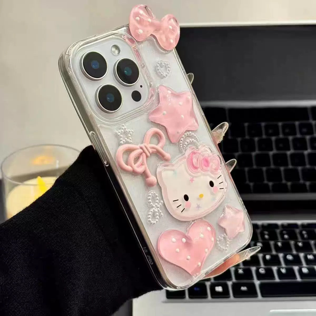 3D Pink Star Heart Bow Kitty Cat Bracelet Phone Case