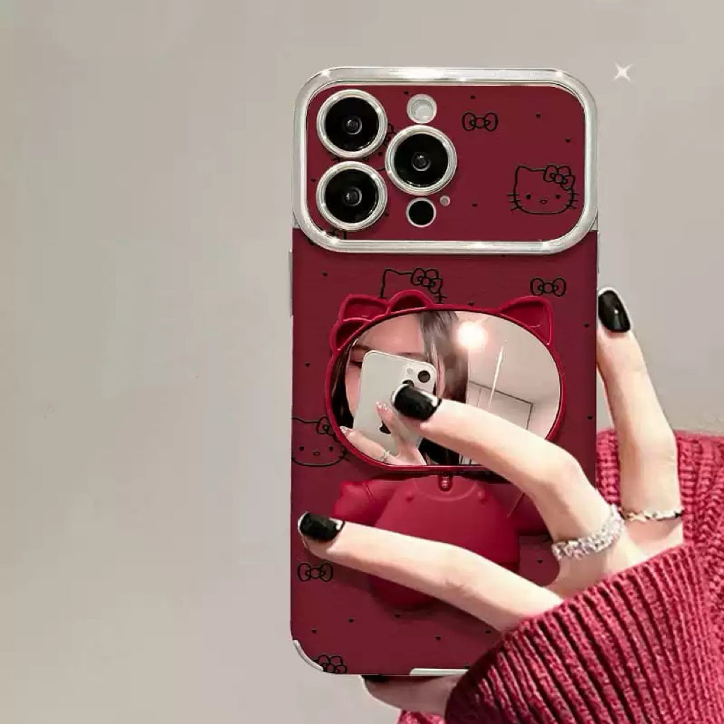 Red rotating Kitty mirror and stand phone case
