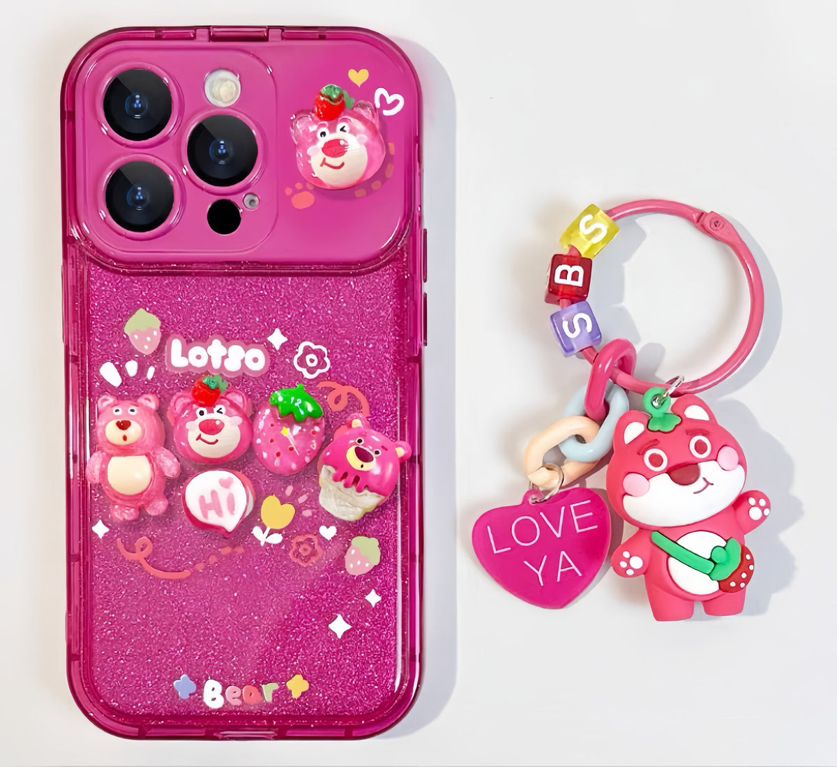 Sparkling Strawberry Bear flip phone case with mirror and stand