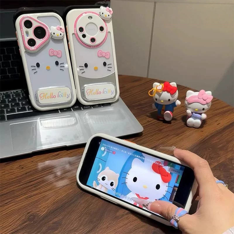 KT Cat Plush Mirror Stand with Hanging Strap for Phone Case