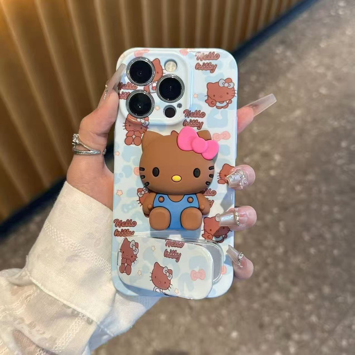 Blue leopard print kitten mirror and stand phone case