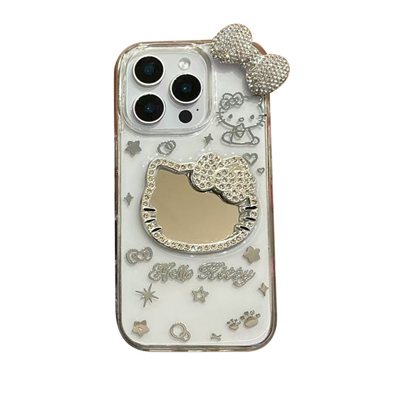 Android compatible Transparent Rhinestone Kitty Mirror Bow Phone Case