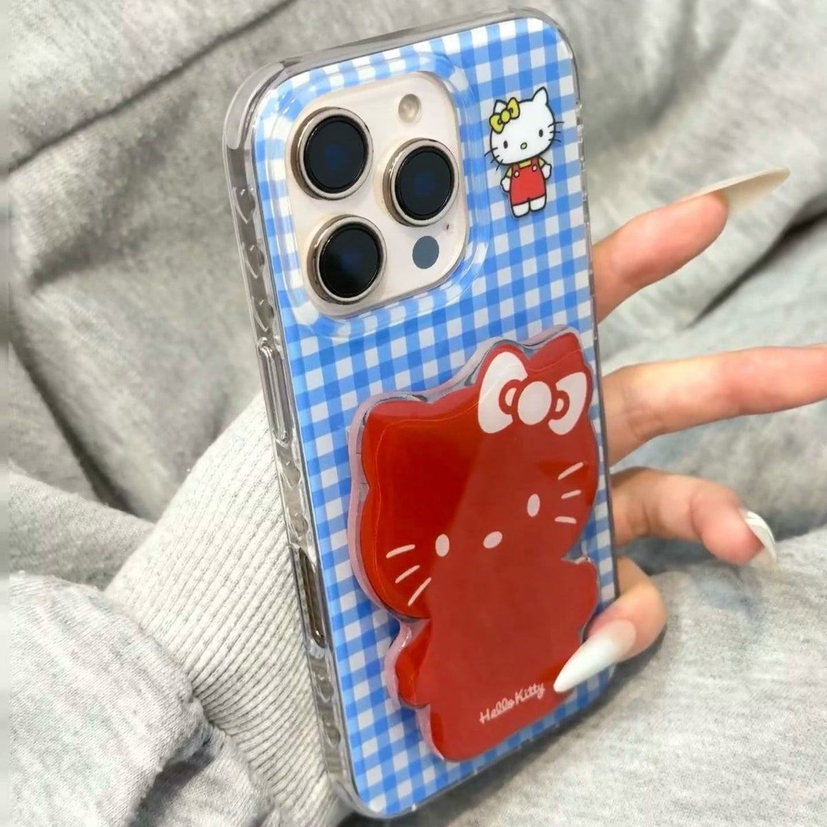 kT cat blue plaid phone case with mirror holder