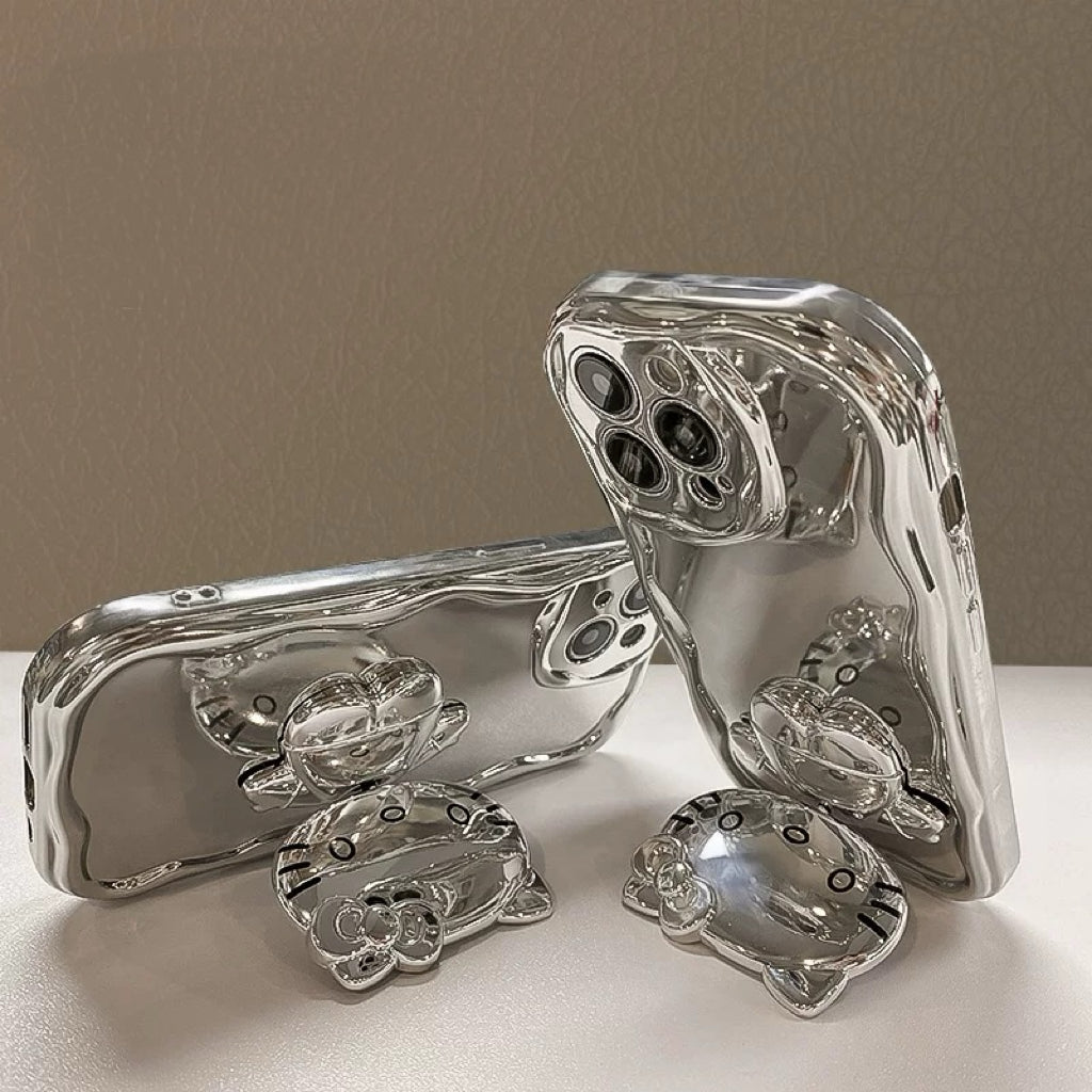 Android compatible Silver Kitty Rotating Mirror and Stand Phone Case