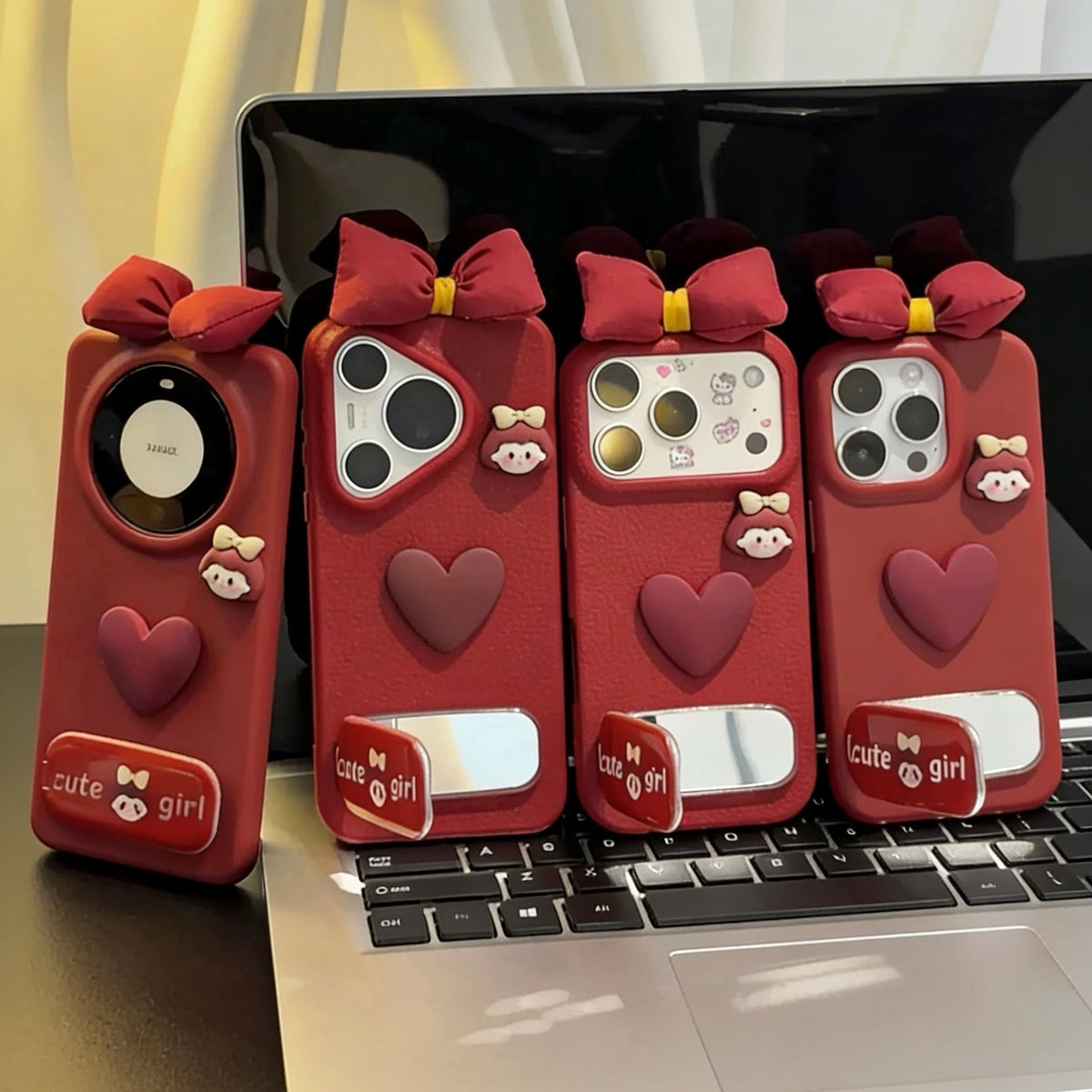 Burgundy Heart Bow Mirror Stand Phone Case