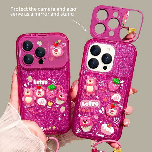 Sparkling Strawberry Bear flip phone case with mirror and stand