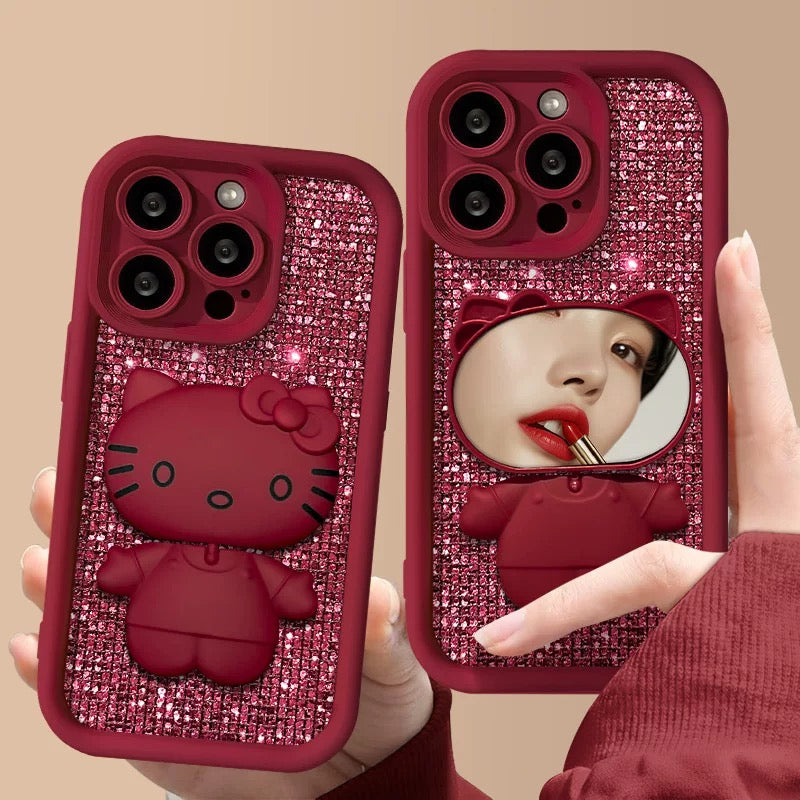 Rotating Kitty phone case with mirror and stand – Purple