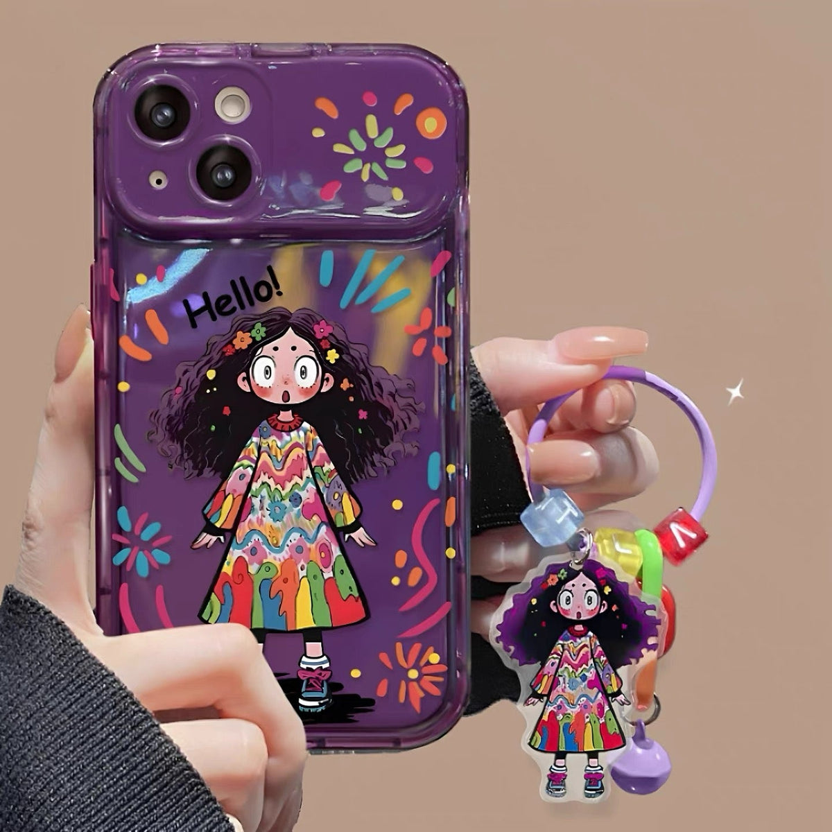 Colorful curly-haired girl portable mirror phone case