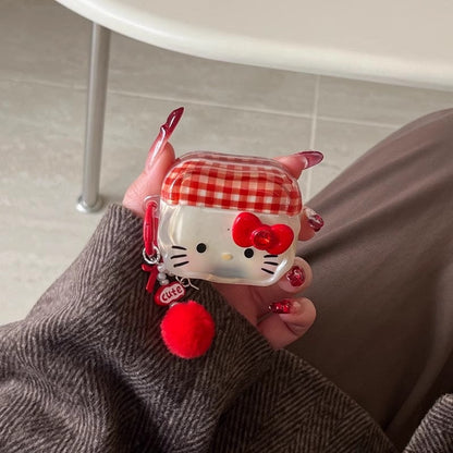 Cartoon plaid bowkity cat earphone cover