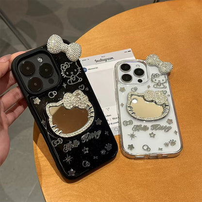 Android compatible Transparent Rhinestone Kitty Mirror Bow Phone Case