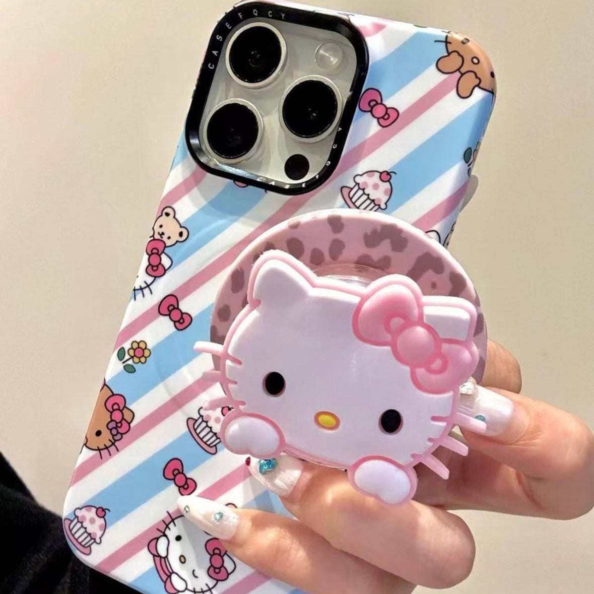 Pink and blue striped Kitty cat magnetic holder phone case