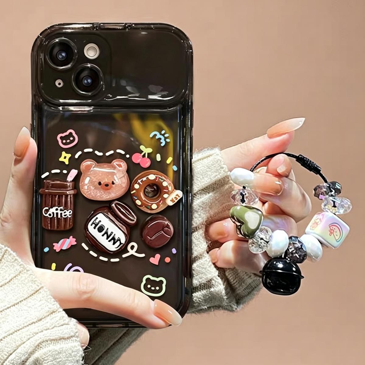 3D bear and Coffee Portable Mirror Phone Case