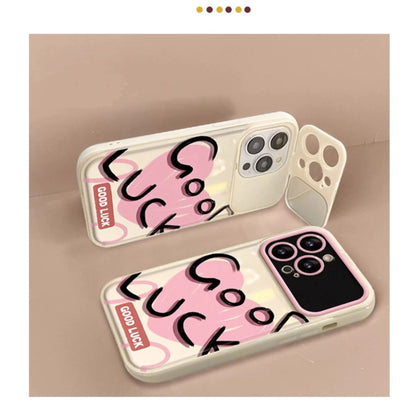 Pink heart-shaped lucky flip mirror phone case