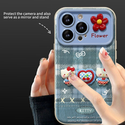 Blue Plaid Kitty Flip Phone Case with Mirror and Stand