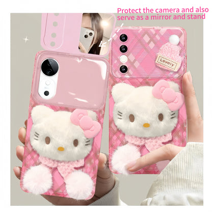 Pink  Kitty Flip Phone Case with Mirror and Stand