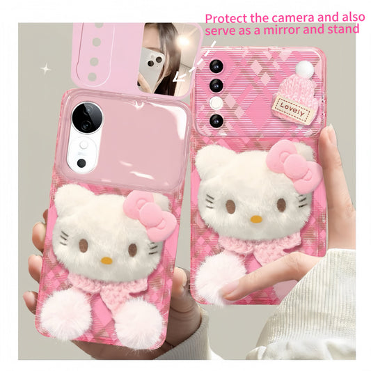 Pink  Kitty Flip Phone Case with Mirror and Stand