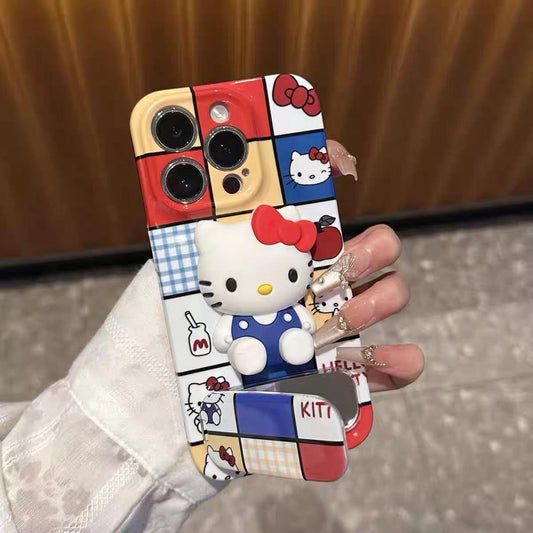 Hello Kitty mirror phone case with a stand and grid pattern