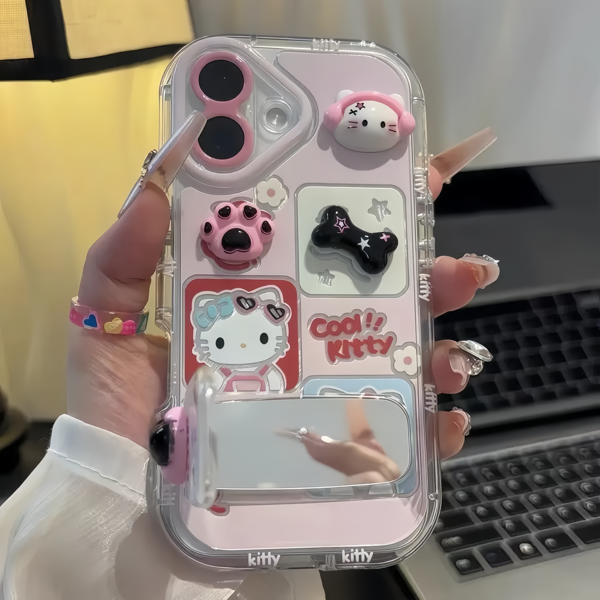 3D Heart-Shaped Paw Print HT Cat Mirror Stand Phone Case