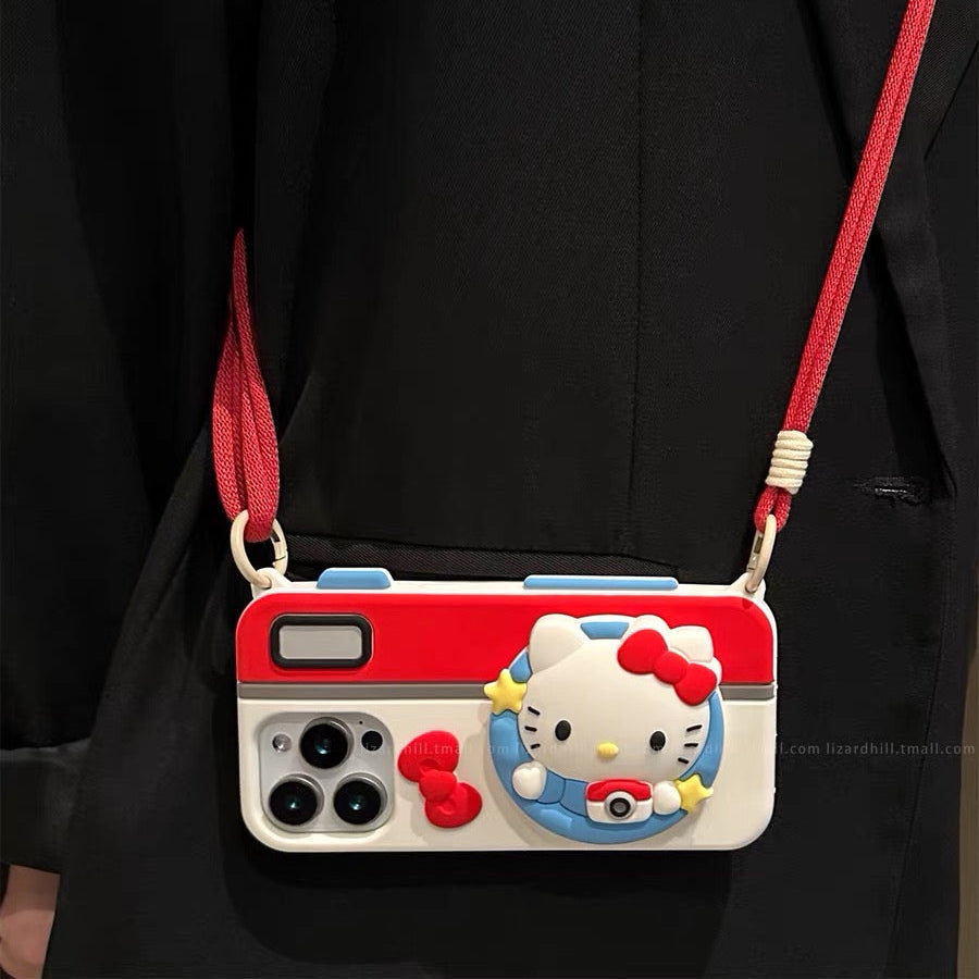 Cute Camera Kitty Crossbody Strap Lanyard Phone Case