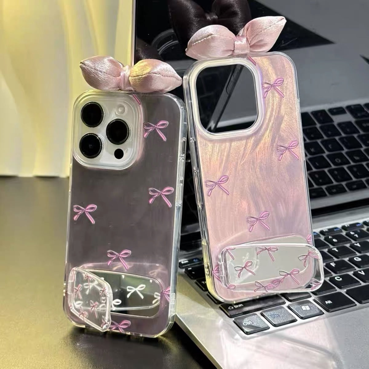 Pink bow mirror stand phone case