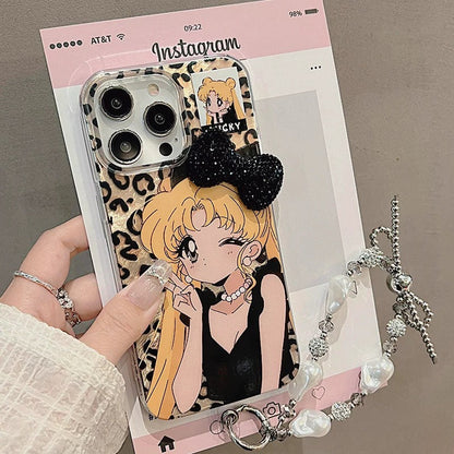 Leopard Print Girl Ice Moon Bow Bracelet Phone Case