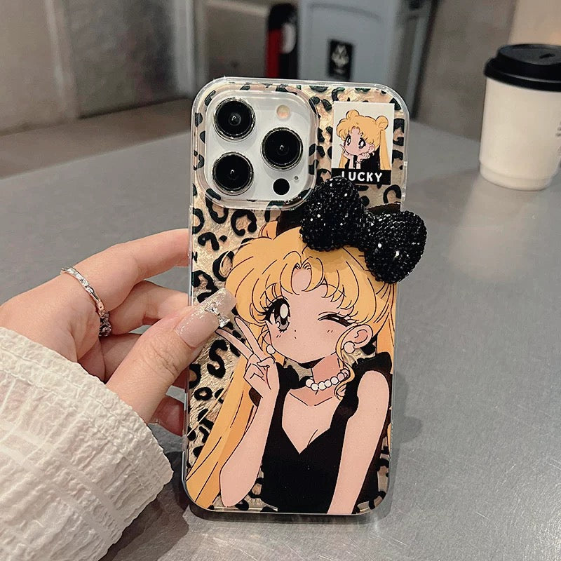 Leopard Print Girl Ice Moon Bow Bracelet Phone Case
