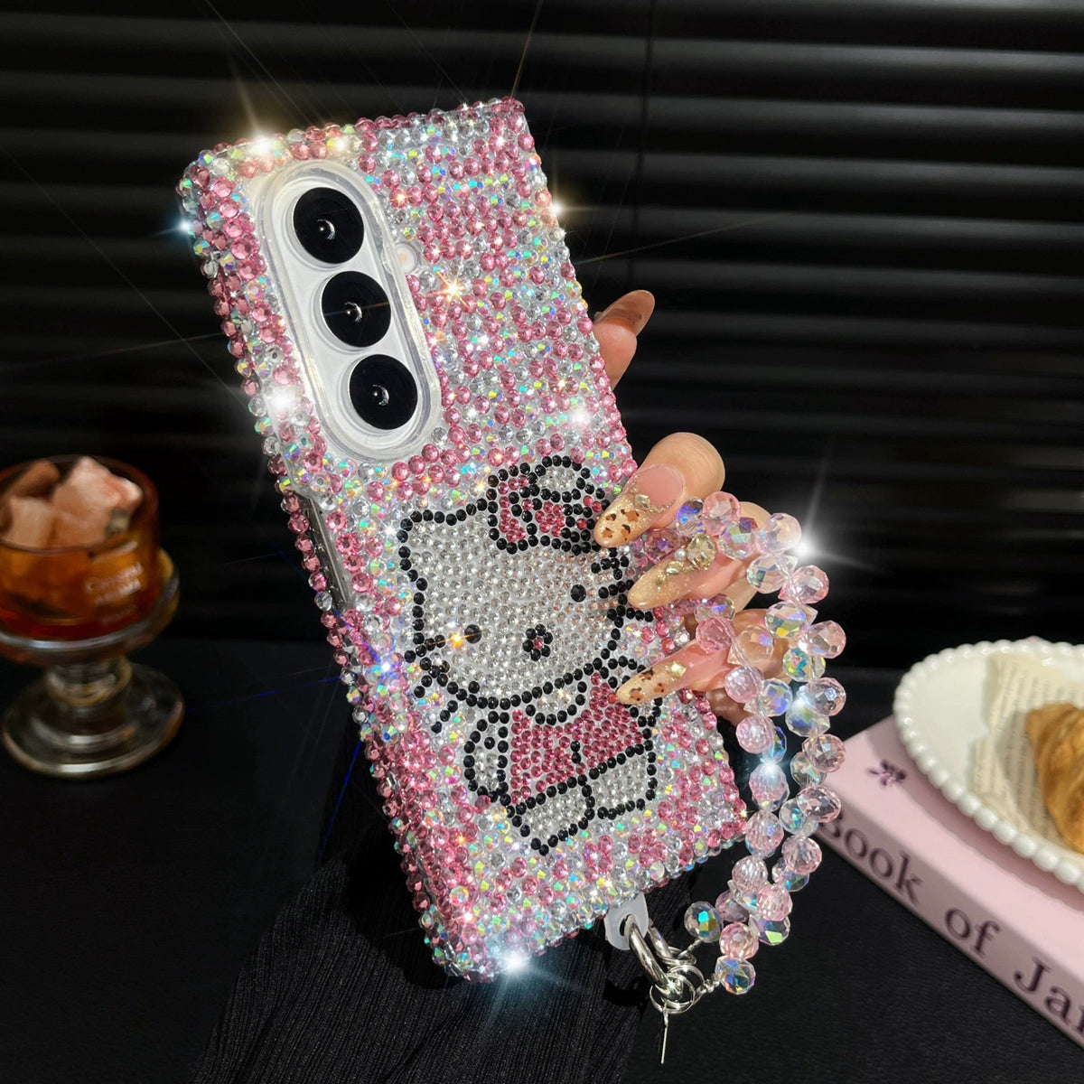 Compatible with Samsung  Galaxy Z Fold7 3D Full-Rhinestone Hello Kitty, Bow, and Chain Phone Case