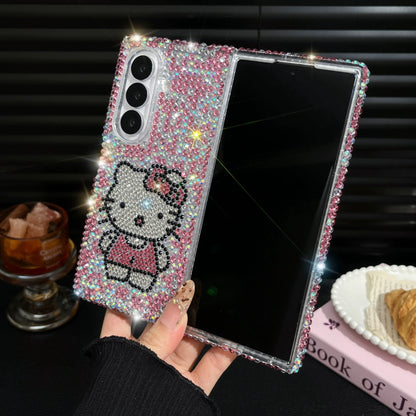 Compatible with Samsung  Galaxy Z Fold7 3D Full-Rhinestone Hello Kitty, Bow, and Chain Phone Case