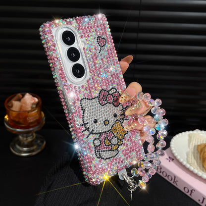 Compatible with Samsung  Galaxy Z Fold7 3D Full-Rhinestone Hello Kitty, Bow, and Chain Phone Case