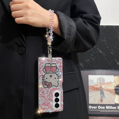 Compatible with Samsung  Galaxy Z Fold7 3D Full-Rhinestone Hello Kitty, Bow, and Chain Phone Case