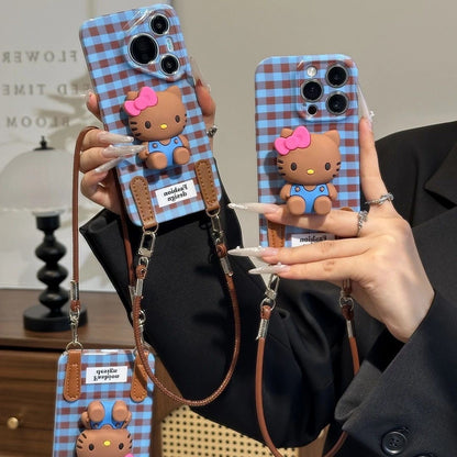 Compatible with Samsung Retro Plaid Hello Kitty Case with Figurine and Lanyard