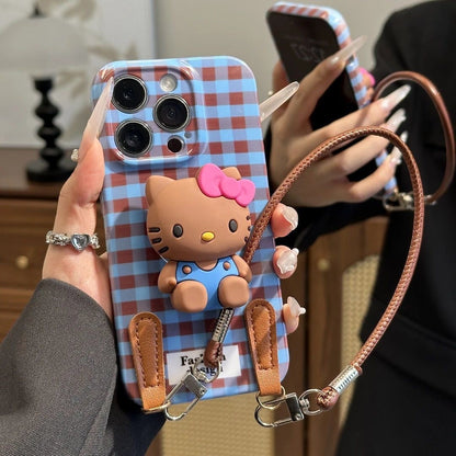 Compatible with Samsung Retro Plaid Hello Kitty Case with Figurine and Lanyard