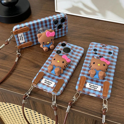Compatible with Samsung Retro Plaid Hello Kitty Case with Figurine and Lanyard