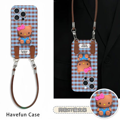 Compatible with Samsung Retro Plaid Hello Kitty Case with Figurine and Lanyard