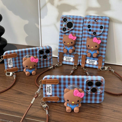 Compatible with Samsung Retro Plaid Hello Kitty Case with Figurine and Lanyard