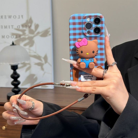 Compatible with Samsung Retro Plaid Hello Kitty Case with Figurine and Lanyard