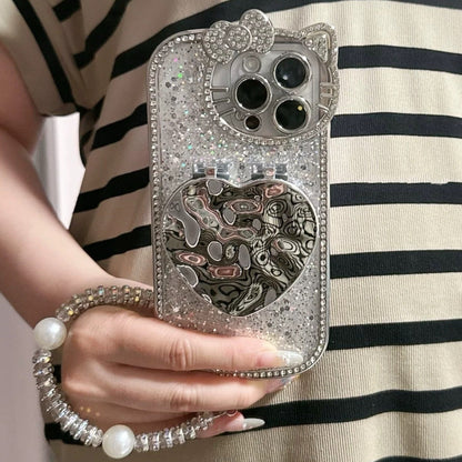 3D Heart-Shaped Flip-Mirror Phone Case with Cat-Lens Design