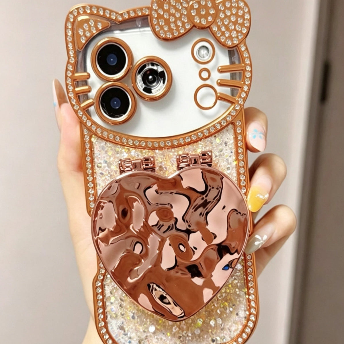 3D Heart-Shaped Flip-Mirror Phone Case with Cat-Lens Design