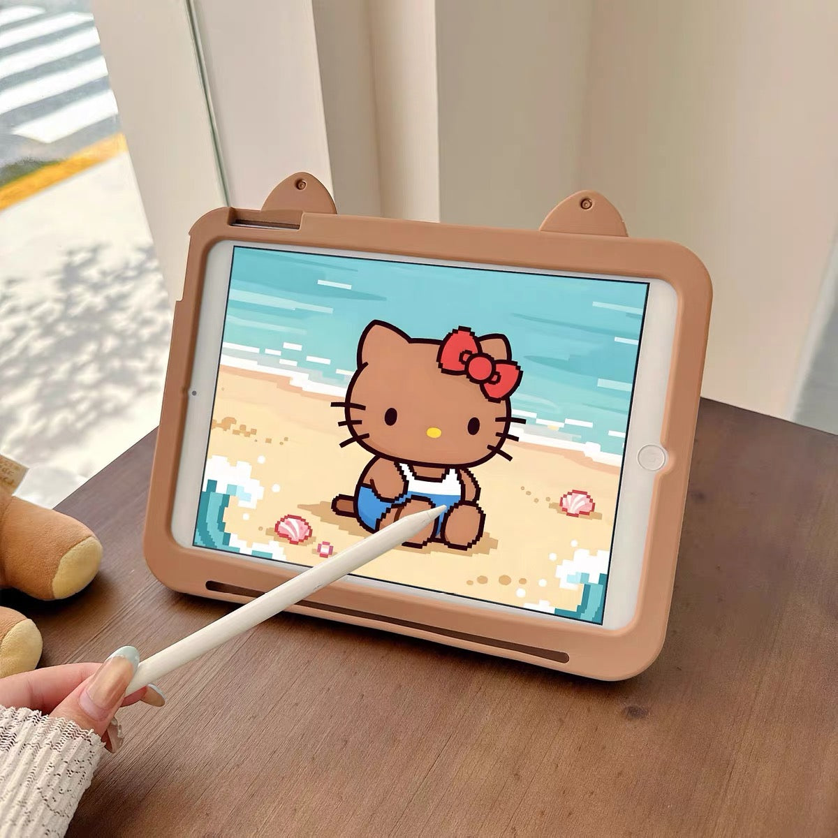 Compatible with Samsung Black Leather-Texture Hello Kitty 360-Degree Rotating Foldable Stand Tablet Case
