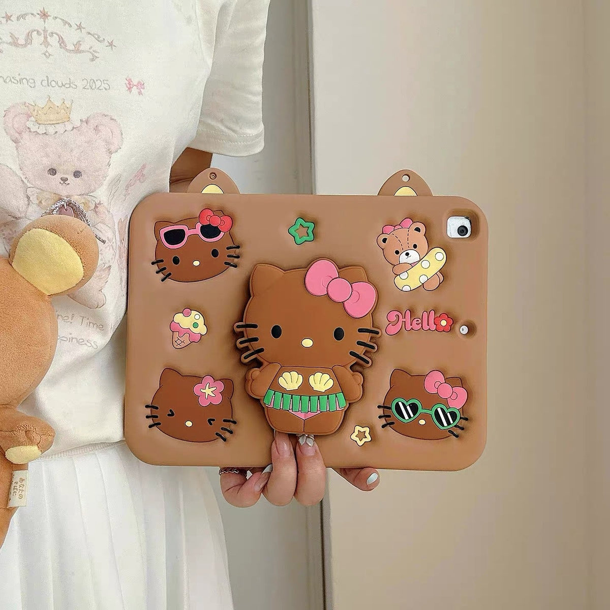 Compatible with Samsung Black Leather-Texture Hello Kitty 360-Degree Rotating Foldable Stand Tablet Case