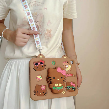 Compatible with Samsung Black Leather-Texture Hello Kitty 360-Degree Rotating Foldable Stand Tablet Case