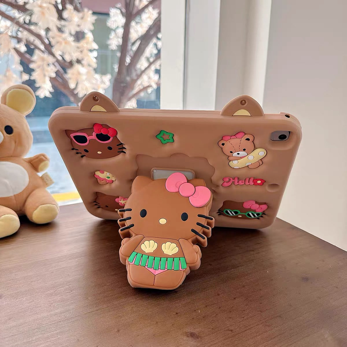 Compatible with Samsung Black Leather-Texture Hello Kitty 360-Degree Rotating Foldable Stand Tablet Case