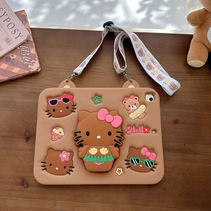 Compatible with Samsung Black Leather-Texture Hello Kitty 360-Degree Rotating Foldable Stand Tablet Case