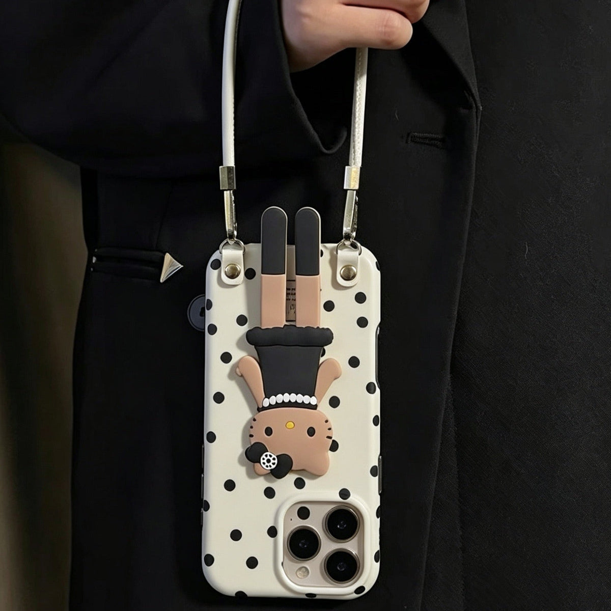 "Chanel-style" black dress Hello Kitty holder polka-dot phone case