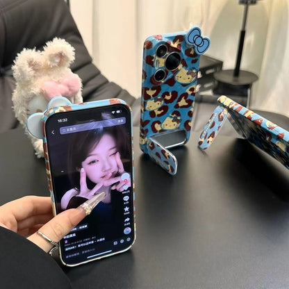 Blue-background leopard print Hello Kitty mirror stand phone case