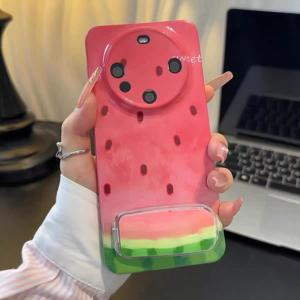 Watermelon-themed phone case with mirror and kickstand