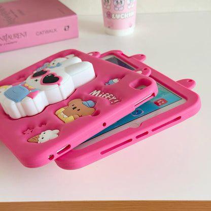 Hot Pink Miffy iPad Case with Pen Slot and 360-Degree Rotating Foldable Stand