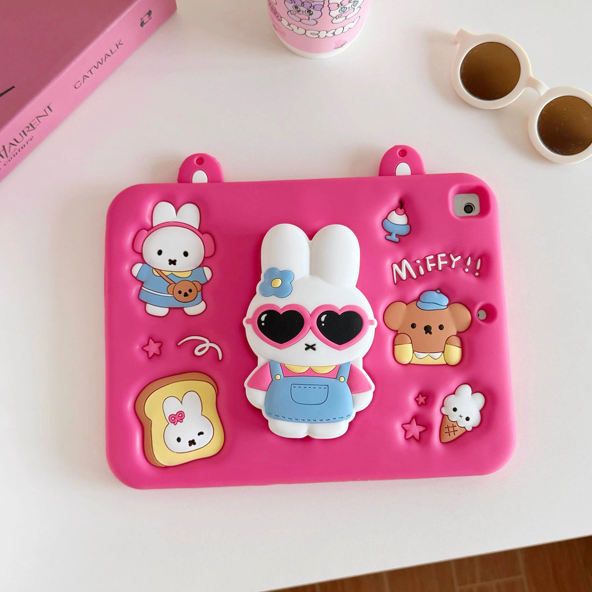 Hot Pink Miffy iPad Case with Pen Slot and 360-Degree Rotating Foldable Stand